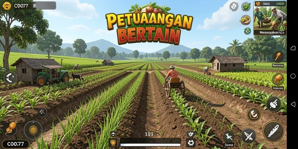 Tampilan gameplay <strong>C0077</strong> menunjukkan ladang yang subur dan hewan ternak yang sehat.