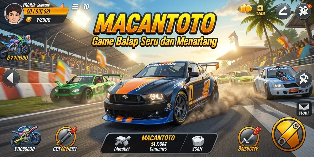 Tangkapan layar utama <strong>MACANTOTO</strong> menampilkan aksi balapan yang mendebarkan dengan mobil yang melaju kencang.
