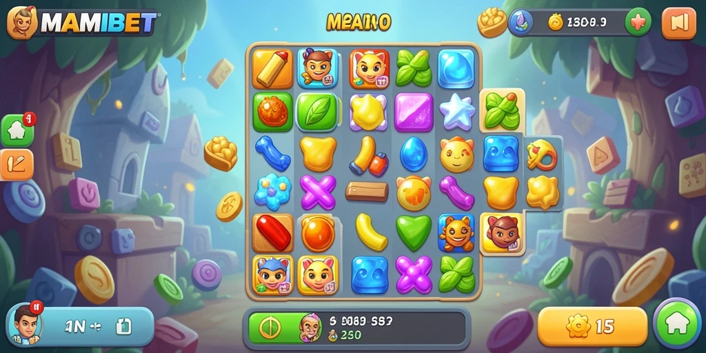 Tampilan gameplay seru dalam MAMIBET, mencocokkan item di level yang menantang.