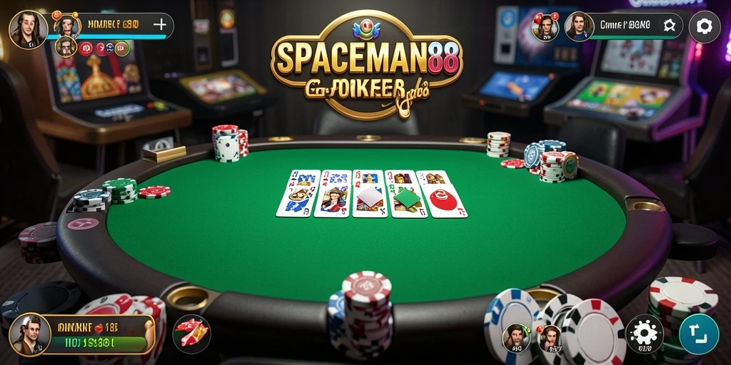Screenshot gameplay SPACEMAN88 menunjukkan aksi Poker yang mendebarkan.