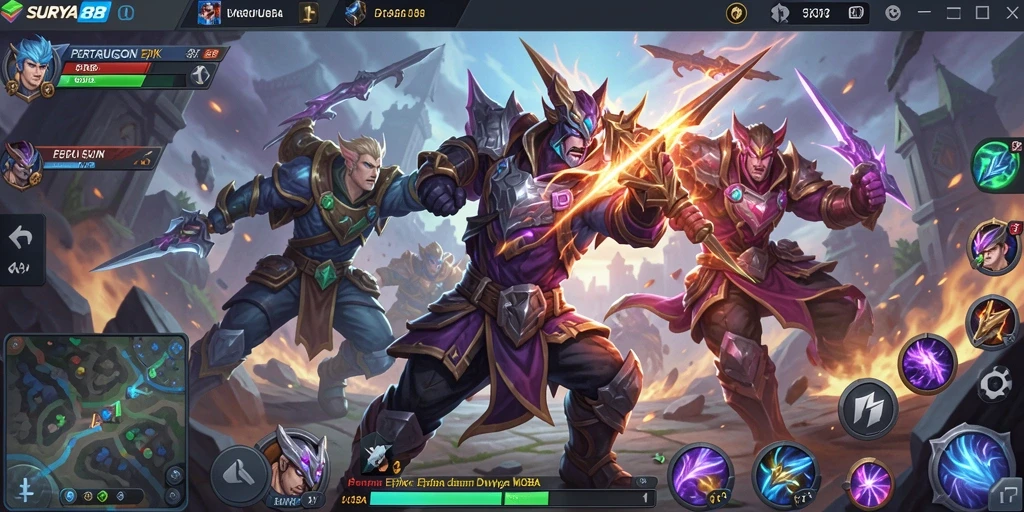 Tampilan gameplay seru dengan pertarungan antar hero di SURYA88.