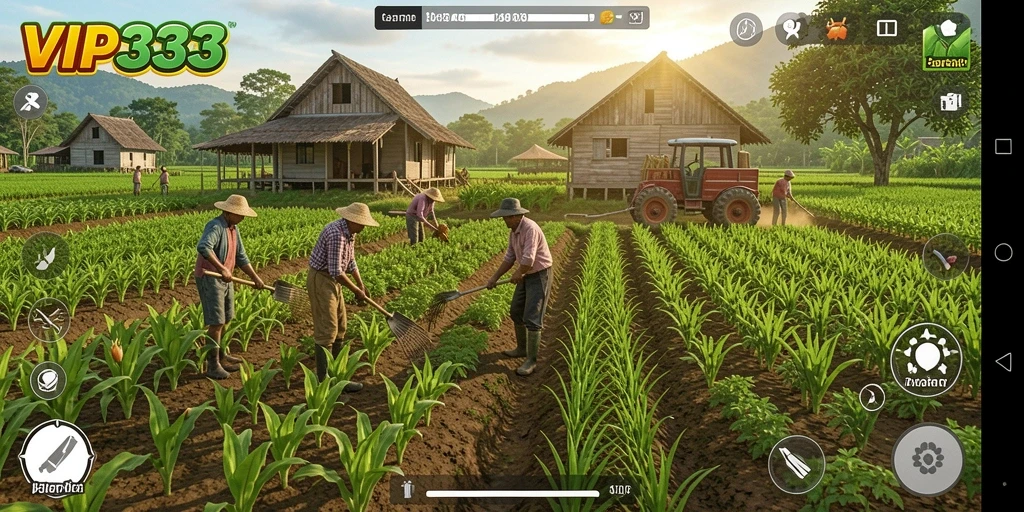 Screenshot gameplay VIP333 menampilkan kebun yang subur dan aktivitas bertani.